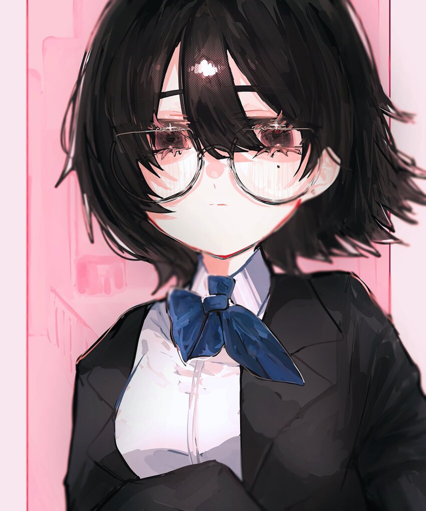1girl artist_request black_hair expressionless glasses looking_at_viewer mole short_hair tagme