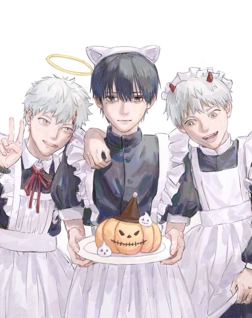 2boys alternate_costume angel_and_devil apron black_dress black_eyes black_hair blood blood_on_face cl3oud clone crossdressing crossdressing_(mtf) dress enmaided grey_eyes hair_between_eyes halo hashtag-only_commentary highres hikaru_(hikaru_ga_shinda_natsu) hikaru_ga_shinda_natsu holding holding_plate horns looking_at_another looking_at_object looking_at_viewer maid maid_apron maid_headdress male_focus male_maid mole mole_on_cheek mole_on_neck mole_under_eye mole_under_mouth multiple_boys multiple_moles plate pumpkin red_horns short_hair traditional_halo tsujinaka_yoshiki upper_body v white_apron white_hair yellow_halo