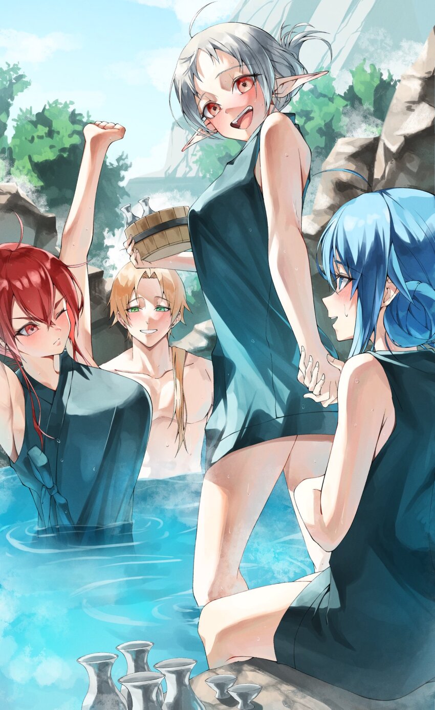 1boy 3girls ahoge alcohol arms_up bathing blonde_hair blue_eyes blue_hair breasts crossed_bangs elf eris_greyrat green_eyes hair_between_eyes highres husband_and_wives large_breasts light_blush long_hair mixed-sex_bathing multiple_girls mushoku_tensei one_eye_closed onsen pointy_ears red_eyes red_hair roxy_migurdia rudeus_greyrat saico_isshin sake shared_bathing short_hair sitting small_breasts smile steam sylphiette_(mushoku_tensei) tokkuri towel water white_hair