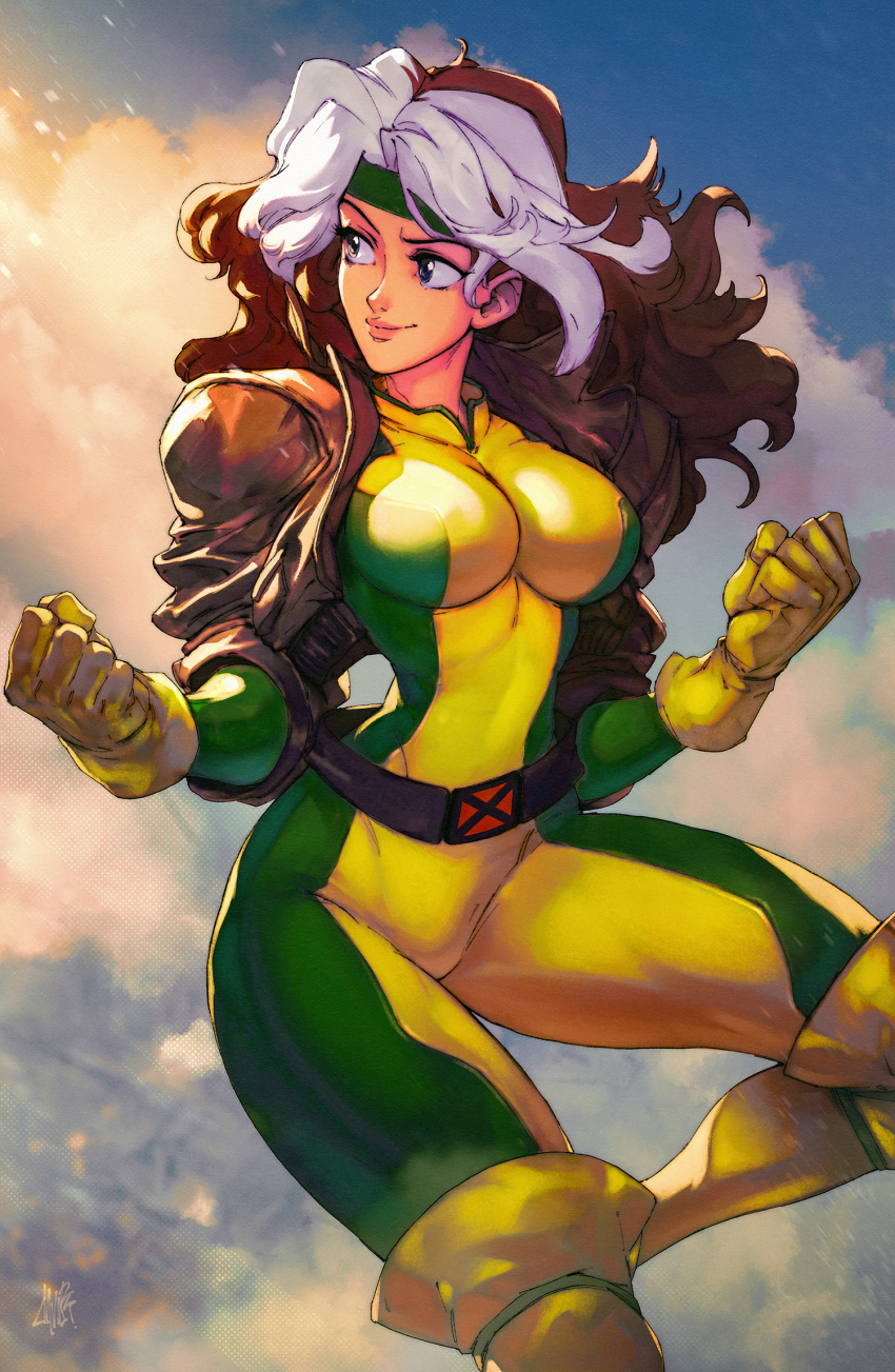 1girl bodysuit boots breasts brown_hair cloud commentary cropped_jacket david_liu english_commentary evolution_championship_series flying gloves green_bodysuit green_headband headband highres jacket leather leather_jacket looking_to_the_side marvel multicolored_bodysuit multicolored_hair rogue_(x-men) signature sky smile solo superhero_costume thigh_boots two-tone_bodysuit two-tone_hair white_hair x-men yellow_bodysuit yellow_gloves