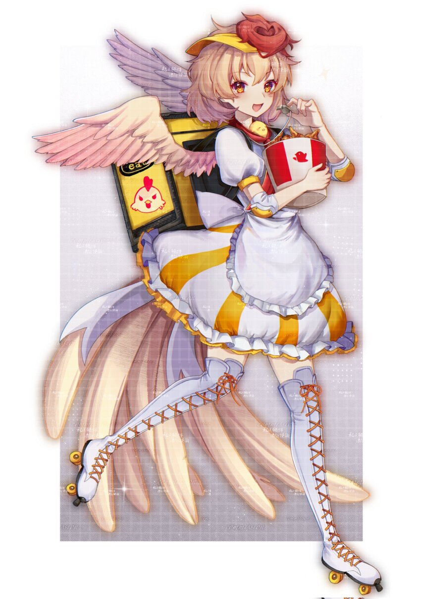 1girl alternate_costume animal apron back_bow backpack bag balloon bird bird_tail bird_wings blonde_hair boots bow brand_name_imitation bucket bucket_of_chicken chick chicken_(food) chicken_leg delivery dress fast_food feathered_wings food food_delivery_box fried_chicken frilled_apron frilled_dress frills full_body hand_on_own_face happy heart_balloon highres holding holding_bucket insulated_delivery_bag lace-up_boots multicolored_hair niwatari_kutaka niwatari_kutaka_(crispy_chicken_delivery) open_mouth orange_dress orange_visor puffy_short_sleeves puffy_sleeves red_eyes red_hair roller_skates short_sleeves skates smile solo speech_bubble striped_clothes striped_dress tail thought_bubble touhou touhou_lostword transparent_background two-tone_dress two-tone_hair vertical-striped_clothes vertical-striped_dress visor_cap waist_apron waist_bow whistle white_apron white_boots white_dress wings yellow_tail yellow_wings yinco