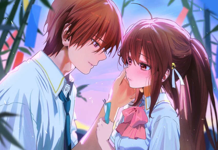 1boy 1girl bamboo bell blue_necktie blush bow brother_and_sister brown_hair collared_shirt hair_bell hair_ornament hand_on_another&#039;s_face holding holding_tanzaku little_busters! little_busters!_school_uniform miiizuno_lbs natsume_kyousuke natsume_rin necktie pink_bow ponytail red_eyes school_uniform shirt short_sleeves siblings sunset tanabata tanzaku white_shirt