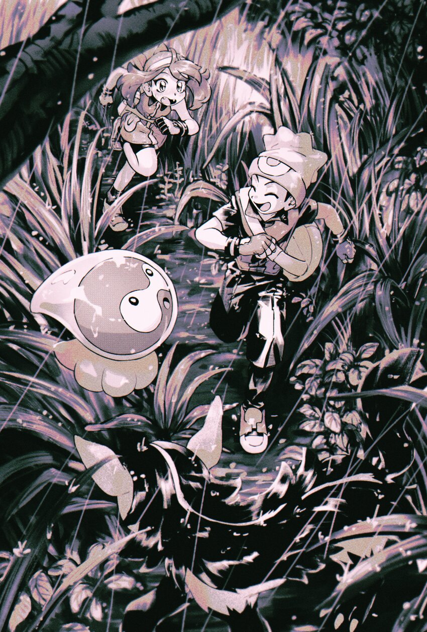 1boy 1girl absurdres bag bandana beanie bike_shorts brendan_(pokemon) castform castform_(rainy) fangs fanny_pack fingerless_gloves from_above funabara_(sksn_herb) gen_3_pokemon gloves grass hat highres looking_back may_(pokemon) mightyena monochrome nintendo open_mouth pokemon pokemon_(creature) pokemon_adventures rain running smile tall_grass tree vegetation