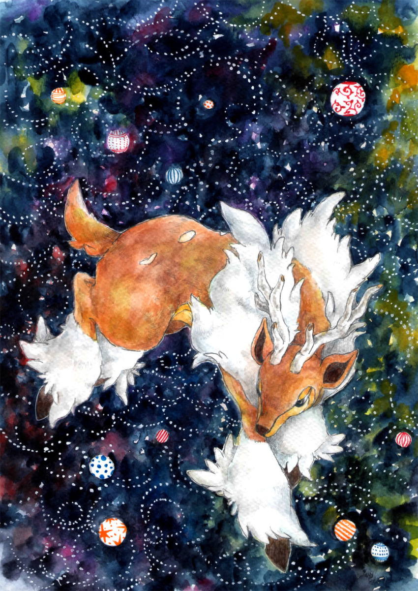 animal_focus black_background black_eyes commentary_request deer full_body gen_5_pokemon highres lantern moegi_(kemomimigo) nintendo no_humans painting_(medium) paper_lantern pokemon pokemon_(creature) sawsbuck sawsbuck_(winter) solo traditional_media watercolor_(medium)