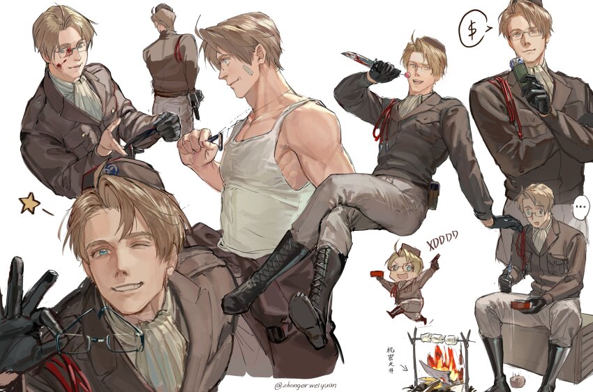 ... 1boy absurdres ahoge america_(hetalia) arms_up axis_powers_hetalia back bare_shoulders black-framed_eyewear black_boots black_gloves blonde_hair blood blood_on_face bloody_weapon blue_eyes bonfire boots breast_pocket brown_hat brown_jacket brown_pants candy chibi chinese_commentary chupa_chups closed_mouth collarbone commentary_request cowboy_shot crossed_legs dagger food full_body glasses gloves grey_pants grey_shirt gun hand_up handgun hat highres holding holding_dagger holding_gun holding_knife holding_money holding_removed_eyewear holding_weapon jacket jewelry knife lapels leather leather_gloves lollipop long_sleeves looking_at_viewer looking_to_the_side marshmallow military_hat military_jacket military_uniform money multiple_views muscular muscular_male necklace one_eye_closed open_mouth pants pocket semi-rimless_eyewear shirt short_hair simple_background sitting smile speech_bubble spoken_ellipsis standing star_(symbol) tank_top teeth unworn_eyewear upper_body weapon white_background white_tank_top zhongerweiyuan