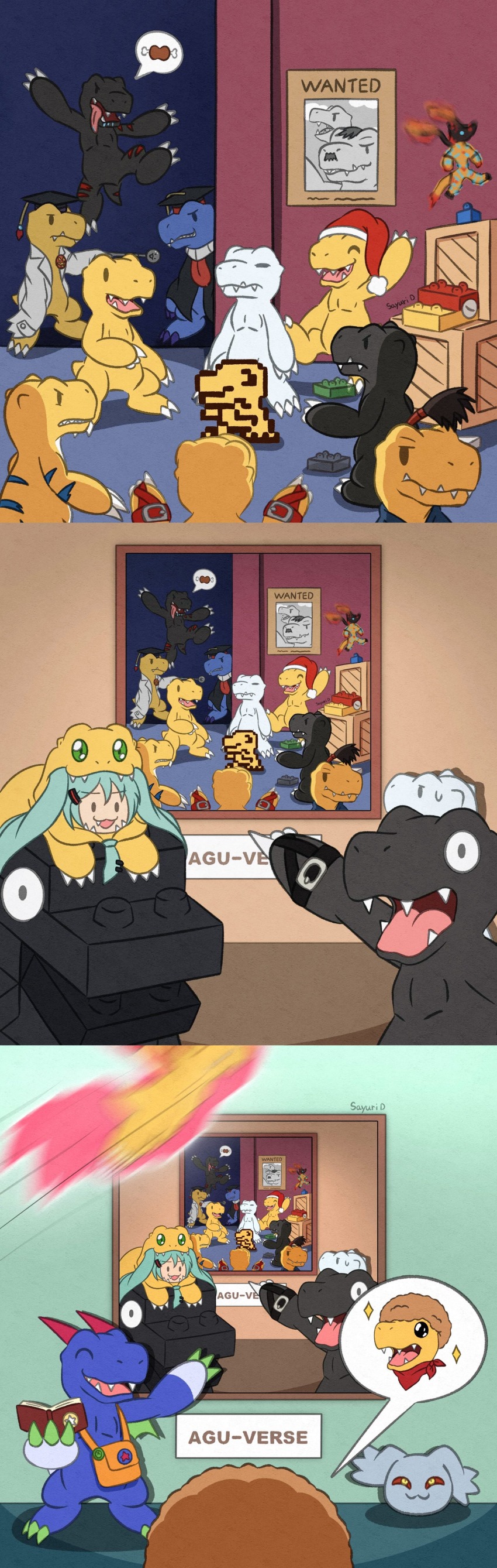 absurdres agumon agumon_(black) agumon_(black)_(digimon_savers) agumon_(black)_x-antibody agumon_(cosplay) agumon_(digimon_savers) agumon_-yuki_no_kizuna- agumon_burst_mode agumon_hakase agumon_x-antibody belt book bushiagumon clearagumon cosplay digimon disguise fang fangs hat hatsune_miku highres horns meme nise_agumon_hakase pagumon pointing pointing_at_another pointing_spider-man_(meme) rurimon santaagumon sayuri_d_(liliana86973943) scarf sharp_teeth star_(symbol) teeth toyagumon toyagumon_(black) vocaloid wig yukiagumon_(digimon_savers)