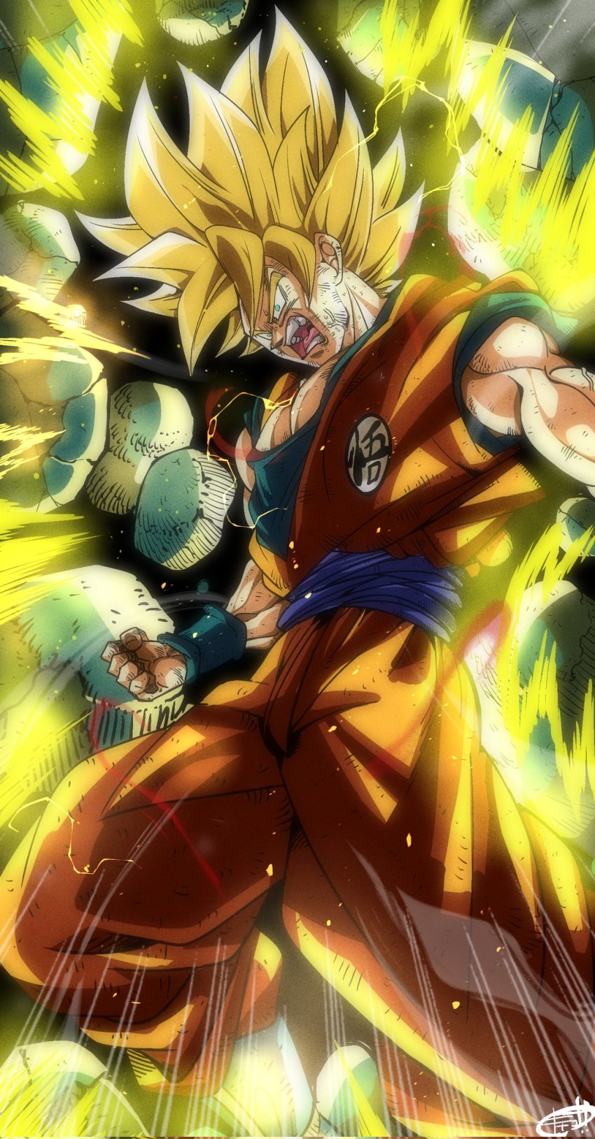 1boy aura blonde_hair blue_eyes dougi dragon_ball dragon_ball_z dragon_ball_z_kami_to_kami dragonball_z highres kinakomochi_(user_vedc2333) male_focus open_mouth son_goku super_saiyan tagme