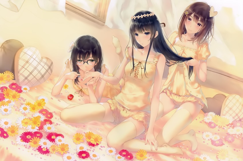 3girls absurdres bed black_eyes black_hair blush breasts brown_eyes brown_hair brushing_hair cleavage comb brushing_hair cross curtains feet flower flowers_(innocent_grey) full_body glasses green_eyes hair_ornament hairclip hanabishi_rikka head_wreath heart heart_hair_ornament heart-shaped_pillow highres jewelry kneeling kousaka_mayuri light_brown_hair long_hair lying medium_breasts multiple_girls nail_polish necklace no_shoes on_stomach panties parted_lips pillow shirahane_suou sitting small_breasts smile sugina_miki thighhighs twintails underwear window yellow_legwear