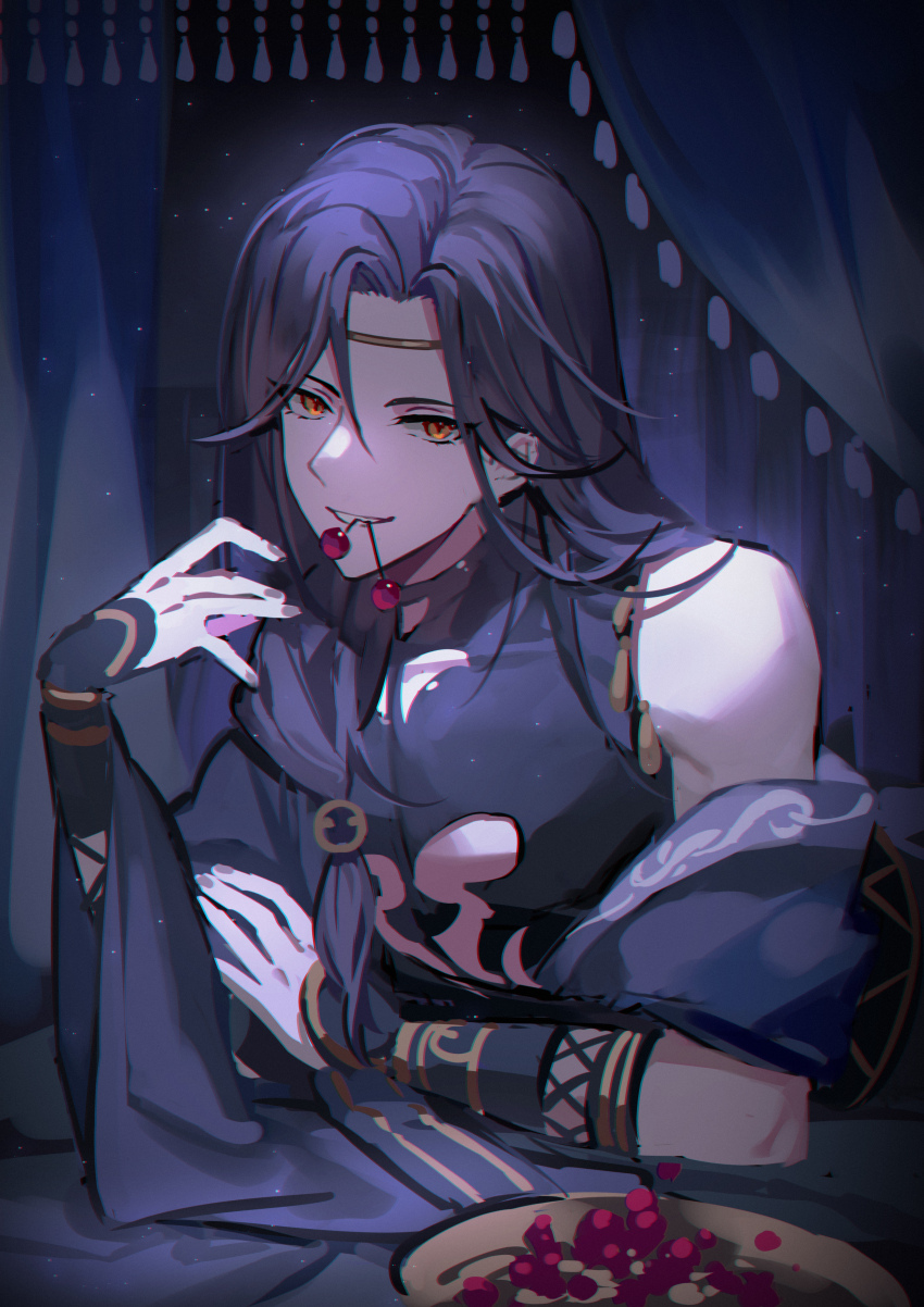 1boy absurdres arm_guards asmoran_(lovebrush_chronicles) black_hair black_shawl black_shirt cherry curtains food fruit hair_over_shoulder hand_up head_chain highres jewelry kazenemuri long_hair looking_at_viewer lovebrush_chronicles low_ponytail lying male_focus mouth_hold nail_polish on_bed on_stomach orange_eyes parted_bangs plate ponytail purple_nails shawl shirt sleeveless sleeveless_turtleneck smile solo turtleneck upper_body