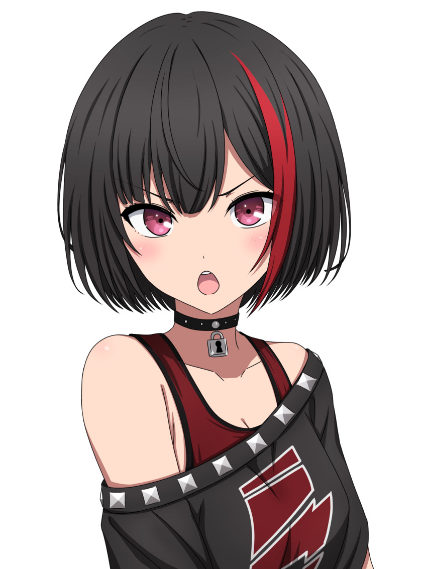 1girl bang_dream! black_choker black_hair black_shirt breasts choker cleavage commentary_request highres looking_at_viewer mitake_ran multicolored_hair noshimurin open_mouth pink_eyes red_hair red_tank_top shirt short_hair simple_background single_off_shoulder solo streaked_hair tank_top teeth upper_body upper_teeth_only white_background
