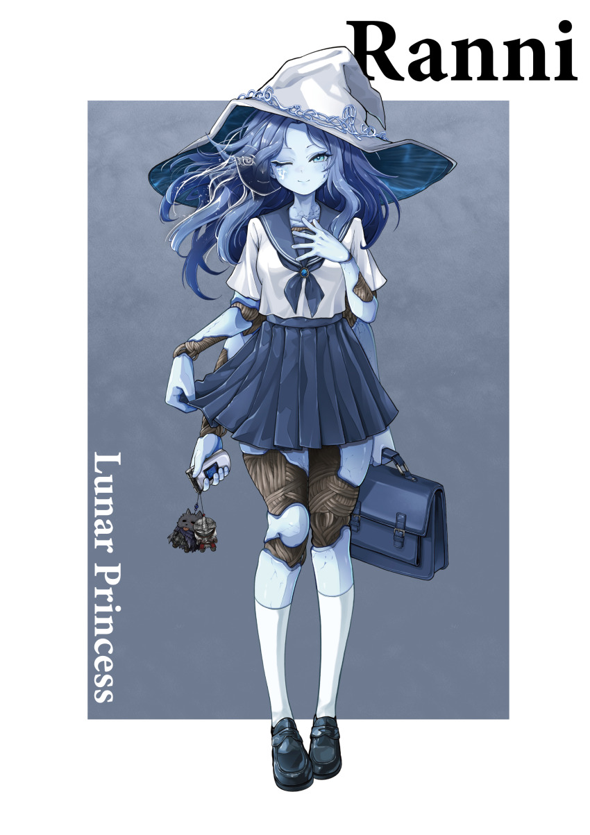 1girl absurdres alternate_costume bag black_shoes blaidd_the_half-wolf bloody_wolf_(elden_ring) blue_background blue_bag blue_eyes blue_hair blue_neckerchief blue_sailor_collar blue_skirt blush border brooch cellphone character_doll character_name commentary_request contemporary cracked_skin doll doll_joints elden_ring extra_arms extra_faces facial_tattoo fingernails full_body glowing_tattoo hand_on_own_chest hat highres holding holding_bag holding_phone jewelry joints large_hat long_hair looking_at_viewer miniskirt neckerchief one_eye_closed outside_border phone pleated_skirt ranni_the_witch sailor_collar school_bag school_uniform serafuku shirt shoes short_sleeves simple_background skirt socks solo tarnished_(elden_ring) tattoo wavy_hair white_border white_hat white_shirt white_socks witch_hat xoo_(pixiv_100957810)