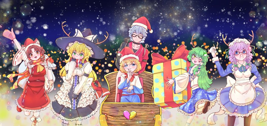 1boy 5girls absurdres ahoge alice_margatroid ascot benikurage_(cookie) black-framed_eyewear black_dress black_gloves black_pantyhose blood blue_bow blue_dress blue_skirt blush bow box braid breasts christmas cigarette closed_mouth commentary_request cookie_(touhou) cross detached_sleeves dress facepaint fake_antlers feet_out_of_frame flat_chest foot_out_of_frame frilled_dress frilled_hair_tubes frills fur-trimmed_headwear fur_trim gift gift_box glasses gloves green_eyes green_ribbon grey_headwear hair_between_eyes hair_bow hair_ribbon hair_tubes hakurei_reimu hat hat_bow highres holding holding_cigarette izayoi_sakuya juliet_sleeves kirisame_marisa kochiya_sanae lens_flare long_hair long_sleeves looking_at_viewer maid maid_headdress mars_(cookie) medium_breasts medium_hair mittens morichika_rinnosuke multiple_girls neck_ribbon nekoyama_002 nosebleed one_eye_closed open_mouth orange_scarf pantyhose partially_fingerless_gloves paseri_(cookie) pom_pom_(clothes) puffy_sleeves red-framed_eyewear red_dress red_headwear red_mittens red_sash ribbon ribbon-trimmed_sleeves ribbon_trim ryuuga_(cookie) santa_hat sash scarf shirt short_hair side_braid sidelocks single_braid single_hair_tube sitting skirt sleeveless sleeveless_dress sleeveless_shirt sleigh smile smoke smoking snowing socks sponge_(cookie) standing striped_clothes striped_scarf taisa_(cookie) touhou twin_braids waving white_bow white_shirt white_sleeves white_socks witch_hat yellow_ascot yellow_scarf