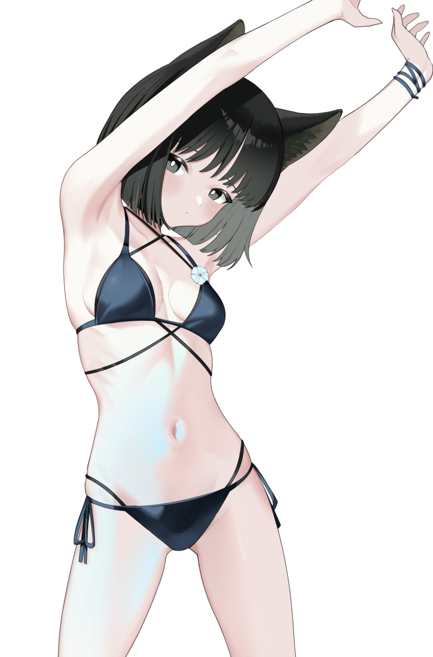 1girl absurdres animal_ears armpits arms_up bikini black_eyes black_hair blue_archive blue_bikini breasts cat_ears cat_girl cat_tail criss-cross_straps flower highres izumi_(izzmuui) kikyou_(blue_archive) kikyou_(swimsuit)_(blue_archive) layered_bikini looking_at_viewer navel no_halo no_tail official_alternate_costume short_hair side-tie small_breasts solo stomach swimsuit tail white_background white_flower