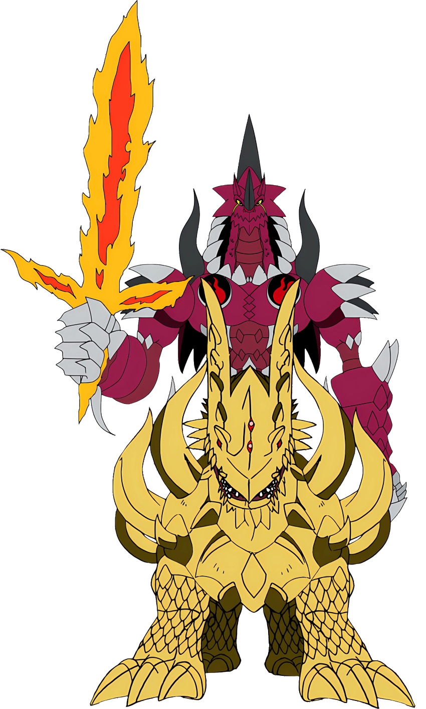 absurdres claws digimon digimon_(creature) dorbickmon dorbickmon_darkness_mode fire highres horns huanglongmon looking_at_viewer solo sword weapon
