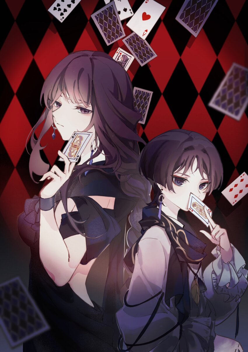 1boy 1girl ace_(playing_card) ace_of_hearts alternate_costume arm_at_side back-to-back backless_dress backless_outfit black_dress black_sleeves blunt_bangs blunt_ends card closed_mouth covering_own_mouth dress earrings expressionless eyelashes eyeliner eyeshadow feather_necklace feathers four_of_spades from_side genshin_impact gold_trim hair_intakes hand_up heart highres hime_cut holding holding_card jack_(playing_card) jack_of_diamonds jewelry king_(playing_card) king_of_spades long_hair long_sleeves looking_at_viewer low-braided_long_hair low-tied_long_hair makeup mother_and_son necklace playing_card purple_eyes purple_hair purple_ribbon purple_scarf queen_(playing_card) queen_of_hearts_(playing_card) raiden_shogun red_eyeliner red_eyeshadow ribbon scaramouche_(genshin_impact) scarf shirt short_sleeves six_of_diamonds tassel tassel_earrings ten_of_clubs tsurime upper_body white_shirt white_sleeves wrist_ribbon yaoyuwith yellow_feathers