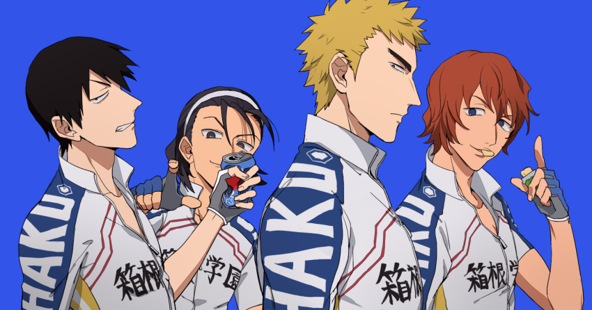 4boys arakita_yasutomo azkn bike_jersey black_hair blonde_hair blue_background blue_eyes can chewing closed_mouth cycling_uniform fingerless_gloves food food_in_mouth from_side fukutomi_juichi gloves grey_gloves hairband holding holding_can holding_food looking_at_viewer male_focus multiple_boys parted_lips pointing pointing_at_viewer red_hair shinkai_hayato simple_background sportswear thick_eyebrows toudou_jinpachi white_hairband yowamushi_pedal zipper_pull_tab