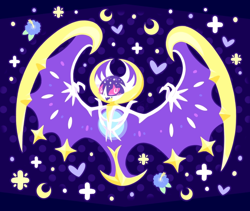 :d animal_focus blue_background blue_flower blush commentary_request crescent fangs flower full_body gen_7_pokemon heart highres legendary_pokemon lunala nintendo no_humans open_mouth pokemon pokemon_(creature) pokemon_focus red_eyes skin_fangs smile tatsuo_(aro_ranotatsuo)