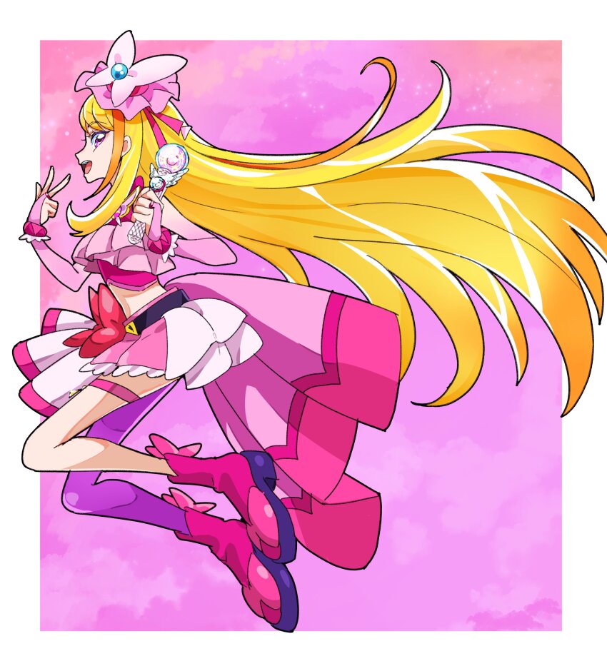 1girl absurdres ankle_boots belt black_belt blonde_hair boots bow bow_skirt braid braided_bangs bridal_gauntlets brooch butterfly_hat_ornament commentary cropped_shirt cure_butterfly elbow_gloves frilled_shirt frills gloves hat hat_ornament highres hijiri_ageha hirogaru_sky!_precure holding jewelry jumping legs_up long_hair looking_at_viewer magical_girl microskirt midriff miniskirt mob_cap multicolored_hair open_mouth orange_hair pantyhose pink_background pink_boots pink_gloves pink_hat pink_shirt pink_skirt precure purple_eyes purple_pantyhose red_bow shirt showgirl_skirt single_leg_pantyhose skirt sky_mirage sleeveless sleeveless_shirt smile solo thigh_strap tsukikage_oyama two-tone_hair v very_long_hair wing_brooch