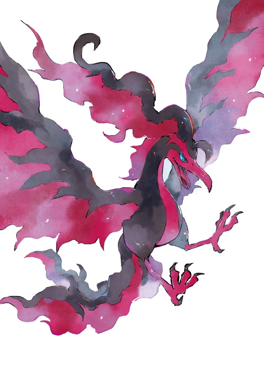 animal_focus bird blue_eyes claws commentary_request galarian_form galarian_moltres gen_8_pokemon highres legendary_pokemon nintendo no_humans open_mouth pokemon pokemon_(creature) simple_background smile toneko tongue white_background wings