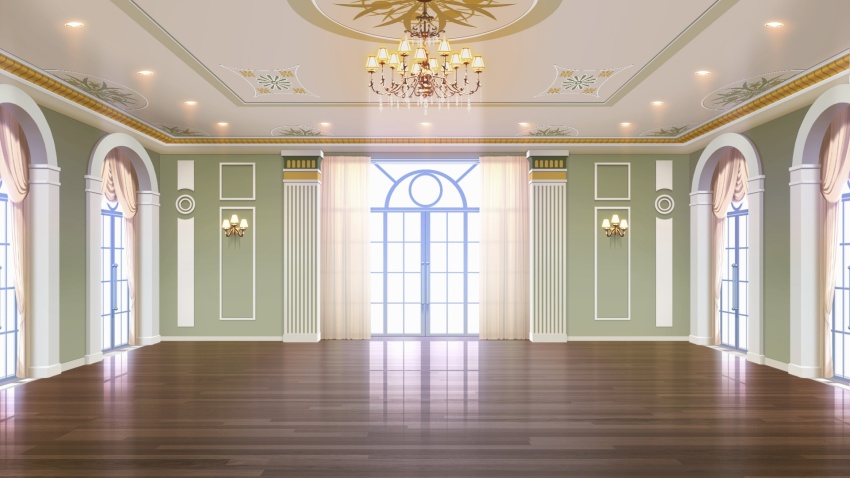 arch arched_window ballroom ceiling_light chandelier column curtains day highres no_humans non-web_source official_art our_life:_beginnings_and_always pillar reflective_floor scenery wall_lamp window window_light wooden_floor