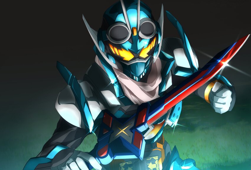 1boy armor blue_armor body_armor commentary compound_eyes rider_belt gloves goggles goggles_on_head gotcha_driver gotchardcalibur highres holding holding_sword holding_weapon kamen_rider kamen_rider_gotchard kamen_rider_gotchard_(series) looking_at_viewer looking_up male_focus miyabi_(037) rider_belt scarf standing steam_hopper sword tokusatsu upper_body weapon white_gloves white_scarf yellow_eyes