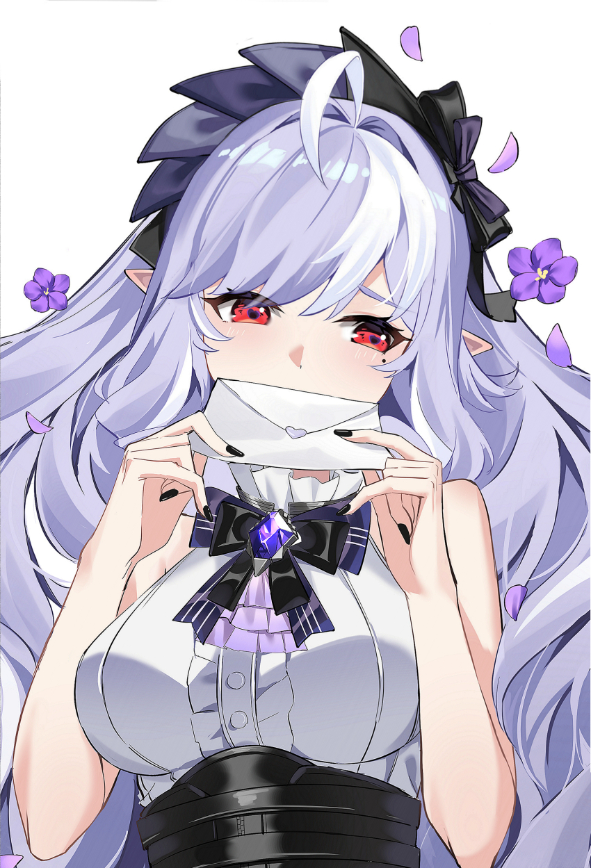 1girl absurdres breasts commentary_request flower highres holding holding_letter iras17514 letter long_hair medium_breasts mole mole_under_eye multicolored_hair pointy_ears purple_flower purple_hair red_eyes simple_background streaked_hair upper_body vivian_(zenless_zone_zero) white_background white_hair zenless_zone_zero