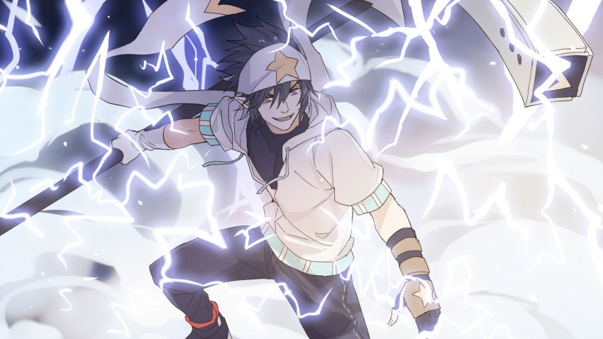1boy aotu_world asymmetrical_gloves bandana black_gloves black_hair black_pants black_shirt black_shoes brown_gloves chinese_commentary drawstring electricity electrokinesis fingerless_gloves gloves glowing hair_between_eyes hammer headband highres holding holding_hammer holding_weapon hood hood_down hooded_jacket jacket lightning male_focus multicolored_gloves open_mouth pants pointy_ears purple_eyes ray_(aotu_world) shirt shoes short_sleeves smile smoke solo spiked_hair star_(symbol) star_print teeth weapon white_gloves white_headband white_jacket zhao_yi