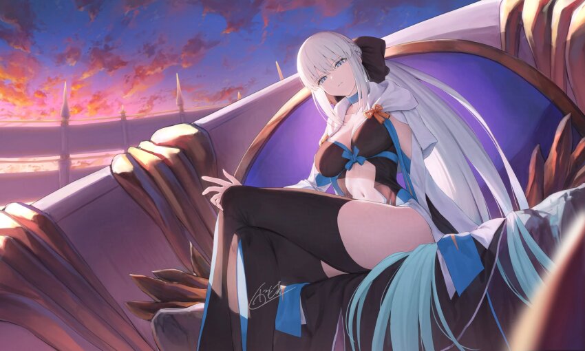 1girl black_bow blue_eyes bow braid crossed_legs fate/grand_order fate_(series) hair_between_eyes hair_bow half_up_braid highres kamo_ashi long_hair long_sleeves looking_at_viewer morgan_le_fay_(fate) morgan_le_fay_(second_ascension)_(fate) ponytail sitting_on_throne sky solo very_long_hair white_hair wide_sleeves