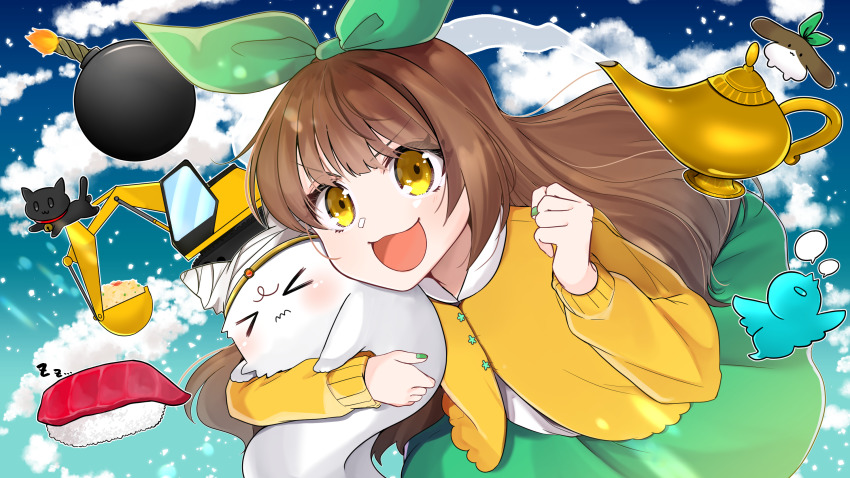 &gt;_&lt; 1girl :d animal bebe_(nanahira) bell black_cat blunt_bangs bomb bow brown_hair cat circlet clenched_hand cloud_background excavator explosive eyebrows_hidden_by_hair fish_(food) food fuse genie green_bow green_nails green_skirt hachipuyo hair_bow highres holding holding_animal holding_cat indie_utaite indie_virtual_youtuber long_hair mite_(nanahira) nail_polish nanahira neck_bell nigirizushi oil_lamp omochi_(nanahira) open_mouth paella skirt smile speech_bubble sushi sweater twitter_logo white_cat yellow_eyes yellow_sweater zzz
