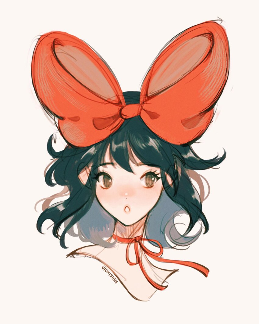 1girl artist_name black_hair blunt_bangs blush bow brown_eyes choker commentary english_commentary hair_bow highres kiki_(majo_no_takkyuubin) looking_to_the_side majo_no_takkyuubin medium_hair open_mouth portrait red_bow ribbon_choker simple_background solo vicki_tsai
