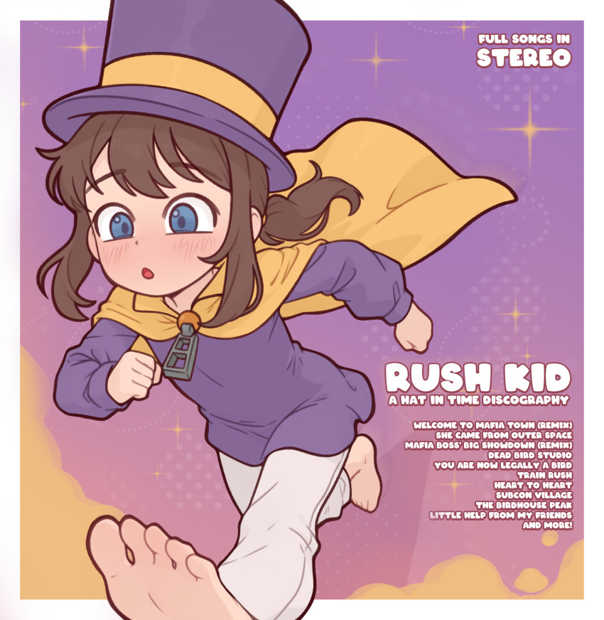 1girl a_hat_in_time album_cover barefoot blue_eyes border brown_hair cape casytay commentary cover english_commentary english_text fake_cover flat_chest hat hat_kid highres long_sleeves open_mouth paid_reward_available pants ponytail purple_hat purple_shirt running shirt soles solo toes top_hat variant_set white_border white_pants yellow_cape