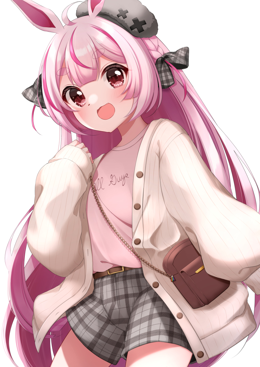absurdres bag belt blush hat highres indie_virtual_youtuber kuya_knn pants purple_eyes purple_hair rabbit_ears ribbon smile tomari_mari