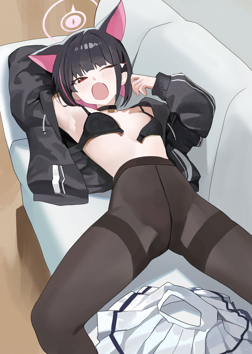 1girl absurdres animal_ears arm_up armpits black_choker blue_archive blush bra cat_choker cat_ears choker colored_inner_animal_ears colored_inner_hair commentary_request couch crotch_seam extra_ears fang halo highres jacket kazusa_(blue_archive) long_sleeves looking_at_viewer multicolored_hair on_couch one_eye_closed open_bra open_clothes open_jacket open_mouth pantyhose pink_halo puffy_long_sleeves puffy_sleeves riel_(rielilu) short_hair skirt solo tearing_up thighband_pantyhose underwear unworn_clothes unworn_skirt white_skirt yawning