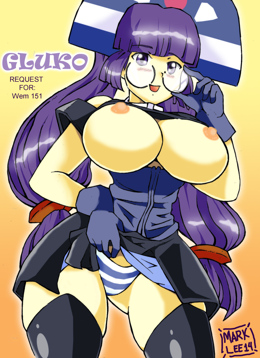1girl breasts breasts_out glasses gluko large_breasts mon_colle_knights panties purple_eyes purple_hair rokumon_tengai_mon_colle_knight simple_background tagme underwear
