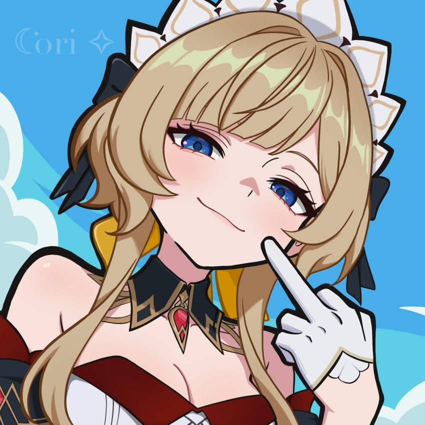 1girl absurdres bare_shoulders blonde_hair blue_eyes blue_sky breasts brooch cleavage commentary coricori day detached_collar english_commentary genshin_impact gloves hair_intakes highres jewelry long_hair looking_at_viewer middle_finger outdoors sandrone_(genshin_impact) sky smile solo upper_body white_gloves