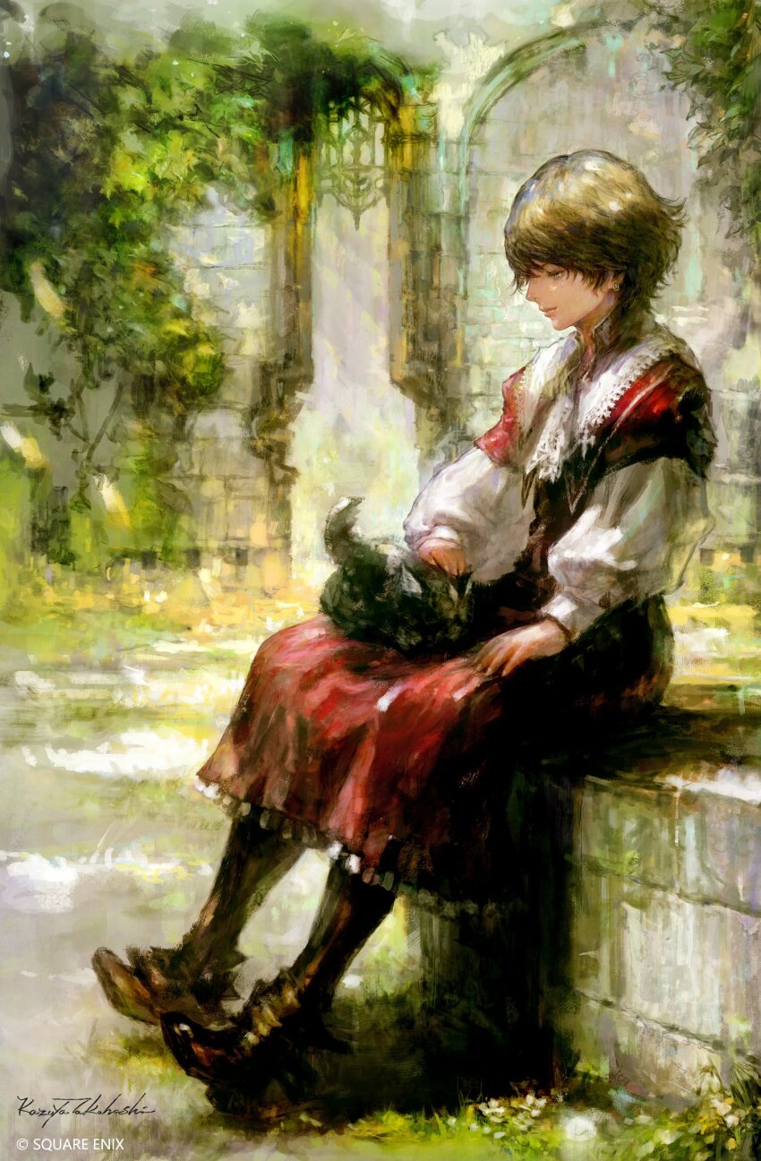 1boy animal blonde_hair copyright_notice dog final_fantasy final_fantasy_xvi garden gate highres holding holding_animal holding_dog joshua_rosfield official_art petting puffy_sleeves puppy red_robe robe signature sitting smile takahashi_kazuya torgal_(ff16) wolf