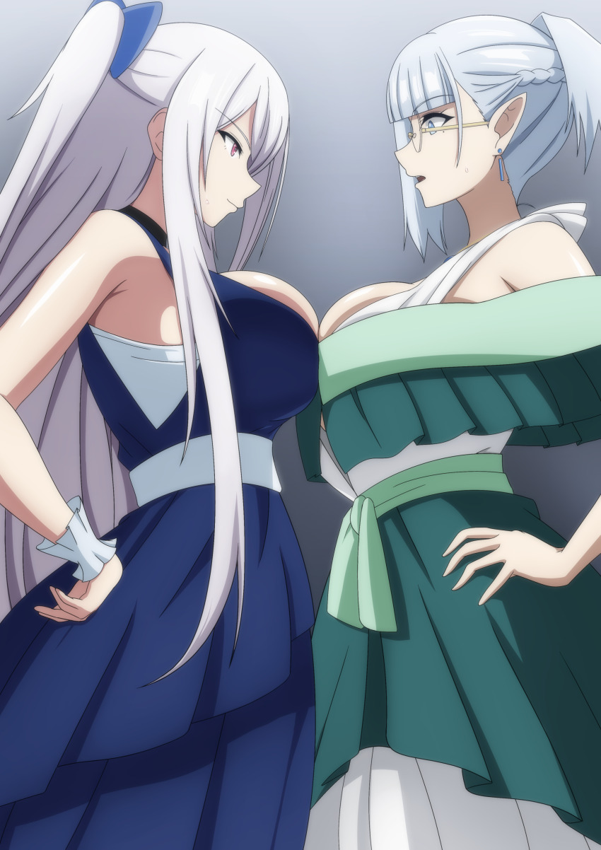 2girls absurdres alexia_midgar alternate_costume alternate_hairstyle armpits beta_(kage_no_jitsuryokusha_ni_naritakute!) blue_dress breast_press breasts cleavage_cutout clothing_cutout dress earrings elf face-to-face from_side glasses green_dress hand_on_own_hip highres jewelry kage_no_jitsuryokusha_ni_naritakute! large_breasts long_hair makiri_akira multiple_girls open_mouth parted_lips pointy_ears ponytail princess short_hair smile surprised sweatdrop symmetrical_docking twintails