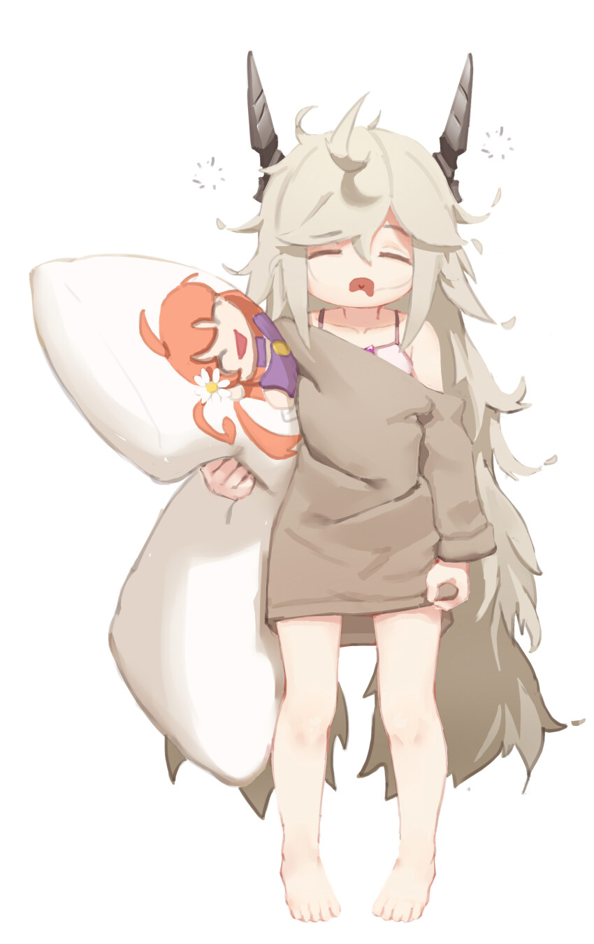 1girl absurdres aged_down ahoge black_horns body_pillow character_print closed_eyes commentary dress_shirt facing_viewer faucre_the_evil_overlord full_body greentree grey_hair grey_shirt hair_between_eyes heart highres holding holding_pillow horns last_origin long_hair long_sleeves magical_momo open_mouth pillow print_pillow shirt shirt_slip simple_background solo very_long_hair white_background