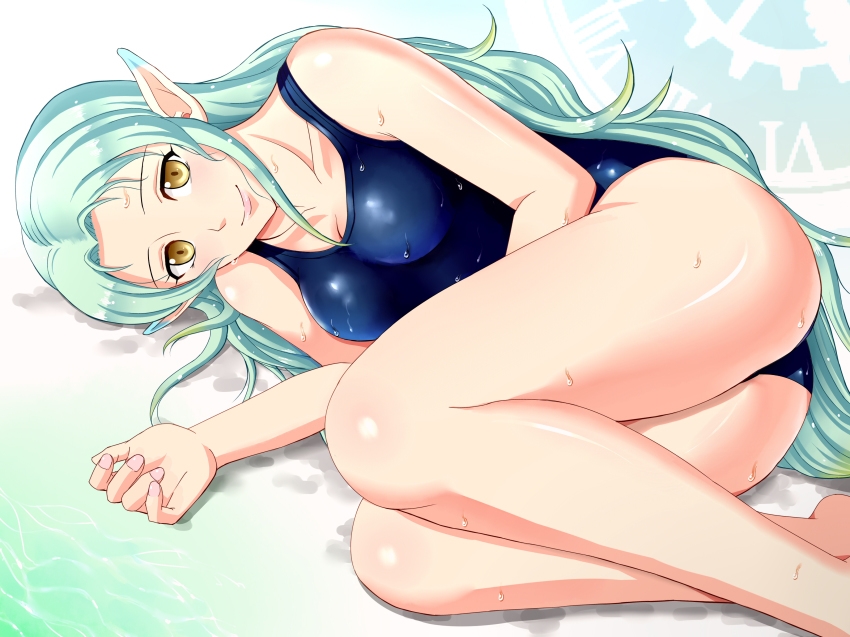 1girl absurdres aqua_hair ass bad_id bad_pixiv_id blue_one-piece_swimsuit breasts cleavage dripping female_focus highres legs_together long_hair looking_at_viewer lying medium_breasts muzet_(tales) on_side one-piece_swimsuit pazu_(pazuzu438) pazuzu438 pointy_ears school_swimsuit smile solo swimsuit tales_of_(series) tales_of_xillia tales_of_xillia_2 thick_thighs thighs very_long_hair water water_drop wet wet_clothes yellow_eyes