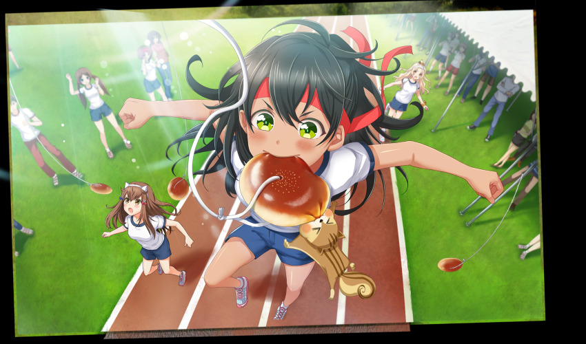 aisaka_koko akino_komugi anpan black_hair blonde_hair blue_bow blue_shorts blurry bow bread_eating_race brown_eyes brown_hair cinderella_series depth_of_field dutch_angle food from_above full_body game_cg green_eyes gym_shirt gym_uniform hachigatsu_no_cinderella_nine hachimaki hair_bow hair_ornament headband high_ponytail highres jumping long_hair looking_at_food mouth_hold multiple_girls non-web_source official_art outdoors ponytail red_bow red_ribbon ribbon shirt shoes short_sleeves shorts sneakers sports_festival squirrel ukita_akane v-shaped_eyebrows white_ribbon white_shirt
