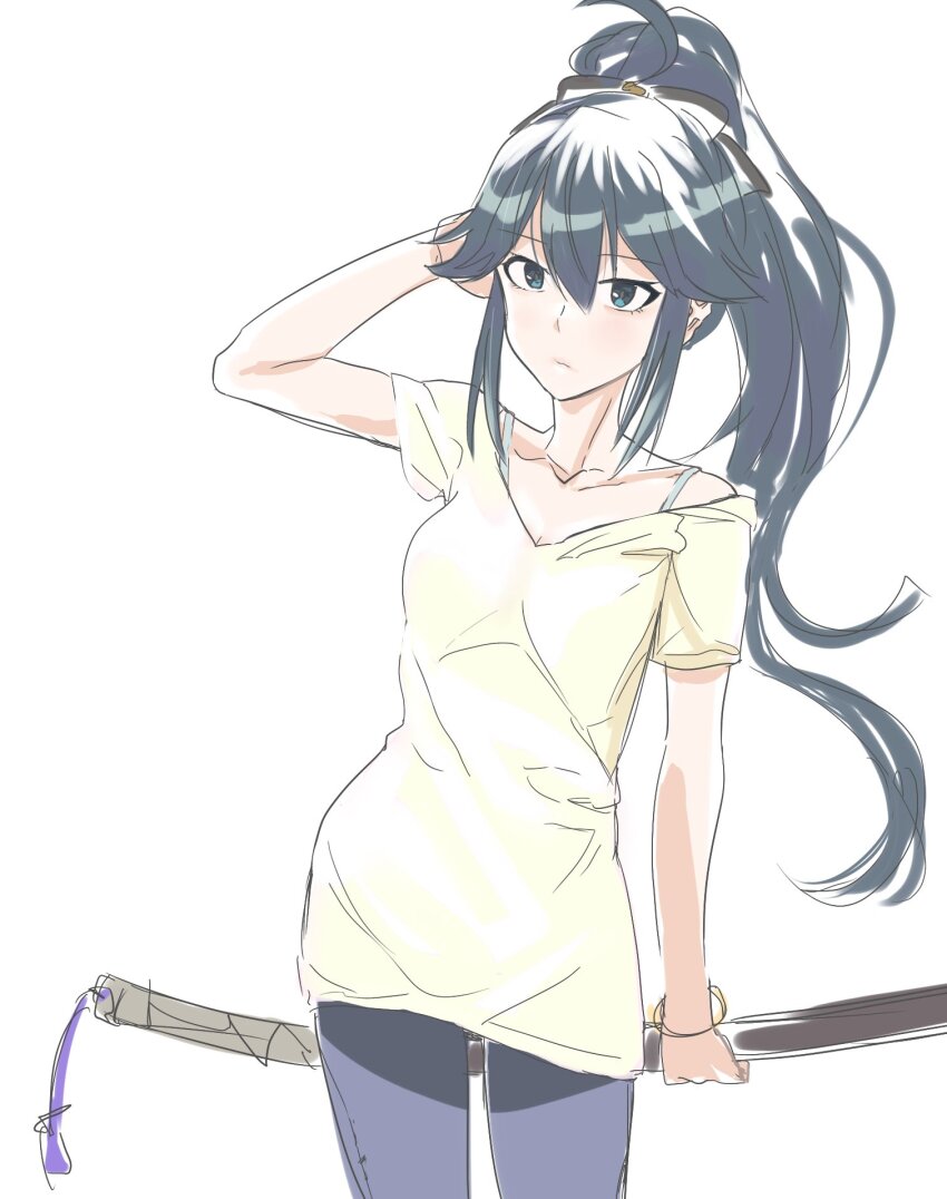1girl black_hair blue_eyes casual closed_mouth collarbone commentary_request cowboy_shot hair_between_eyes highres holding holding_sword holding_weapon katana long_hair looking_at_viewer mashitono_desu pants ponytail purple_pants sheath sheathed shirt short_sleeves sidelocks simple_background sketch solo standing strap sword toji_no_miko weapon white_background white_shirt yamashiro_yui