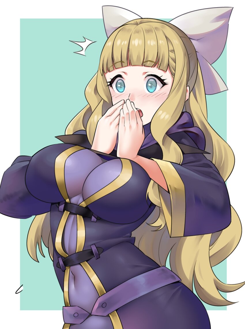 1girl aqua_eyes blonde_hair blush breasts charlotte_(fire_emblem) cosplay covered_navel covering_own_mouth fire_emblem hair_ribbon highres kono_subarashii_sekai_ni_shukufuku_wo! large_breasts long_hair nintendo open_mouth ribbon solo surprised teeth tongue very_long_hair wide-eyed wiz_(konosuba)
