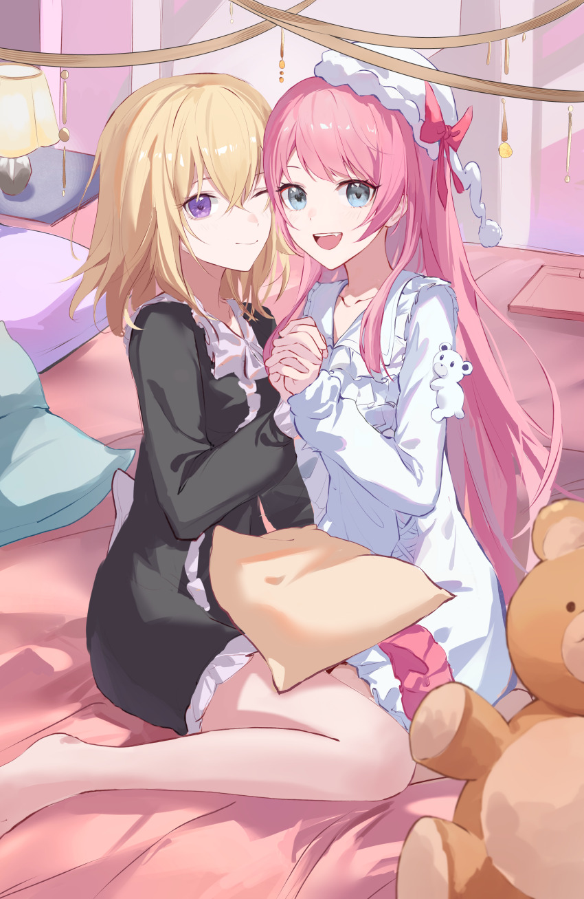 2girls absurdres artist_request bang_dream! bang_dream!_it&#039;s_mygo!!!!! barefoot black_dress blonde_hair chihaya_anon chinese_commentary closed_mouth commentary_request commission dress fang frilled_dress frills grey_eyes hair_between_eyes hat highres holding_hands interlocked_fingers long_hair long_sleeves looking_at_viewer medium_hair misumi_uika multiple_girls nightcap on_bed one_eye_closed open_mouth pajamas pillow pink_hair purple_eyes second-party_source sitting stuffed_animal stuffed_toy teddy_bear teeth upper_teeth_only white_dress yuri
