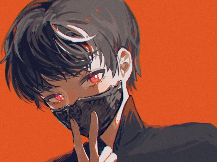 1boy adjusting_mask black_hair black_mask black_shirt chinese_commentary chromatic_aberration commentary_request film_grain male_focus mask mouth_mask multicolored_hair orange_background portrait real_life red_eyes rice_(somasuki_77) shirt short_hair simple_background solo streaked_hair two-tone_hair white_hair zhou_shen