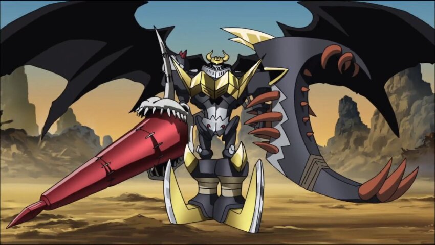 armor darkknightmon digimon digimon_(creature) digimon_xros_wars fusion horns lance looking_at_viewer polearm screencap skeleton skullgreymon skullsatamon solo spikes superdarkknightmon weapon wings