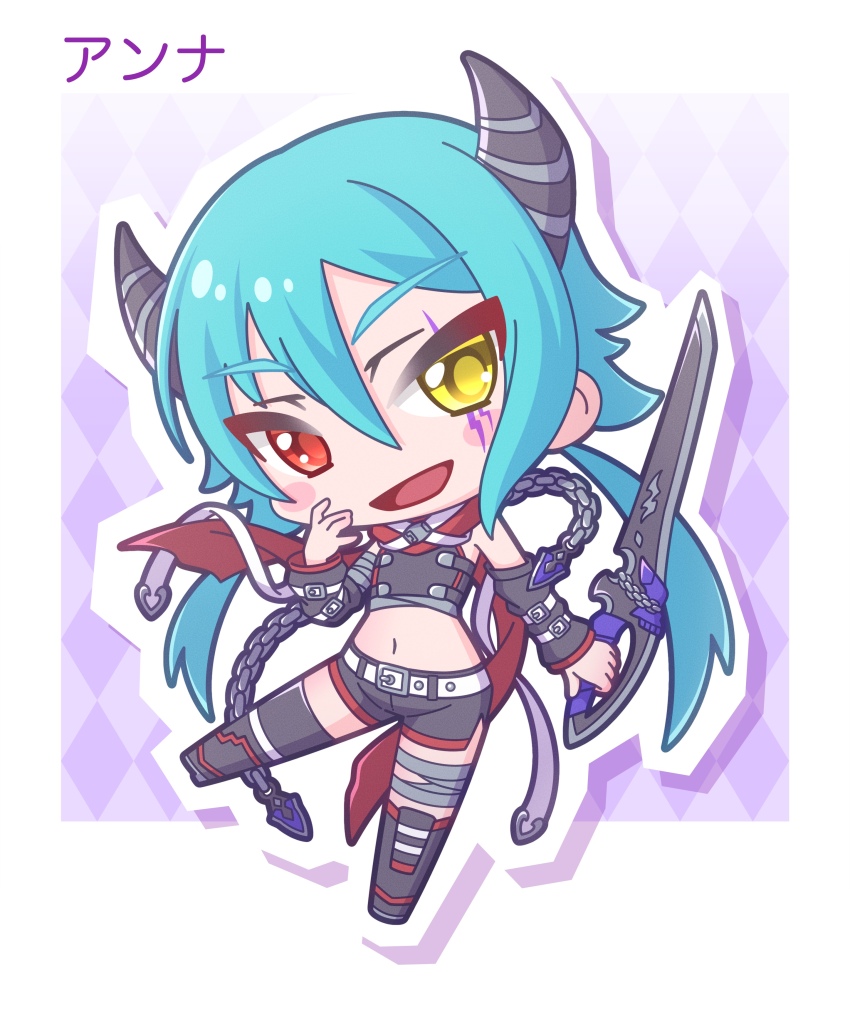 1girl :d absurdres anna_(princess_connect!) argyle_background bandaged_leg bandages belt belt_buckle black_boots black_shirt black_shorts black_sleeves blue_hair blush_stickers boots buckle chain chibi commentary_request crop_top detached_sleeves facial_mark full_body hair_between_eyes heterochromia highres holding holding_sword holding_weapon horns long_hair long_sleeves looking_at_viewer low_twintails midriff navel open_mouth outline princess_connect! red_eyes red_wings saishosaisekojo shirt short_shorts shorts single_thighhigh single_wing sleeveless sleeveless_shirt smile solo sword thighhighs thighhighs_under_boots twintails very_long_hair weapon white_belt white_outline wings yellow_eyes