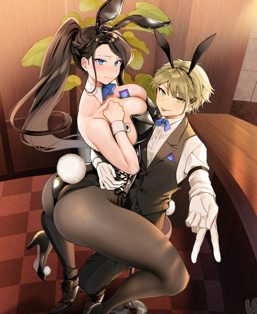 1boy 1girl absurdres animal_ear_hairband animal_ears asuma_mitsuya_(yunamaro) black_hair black_leotard black_pantyhose black_shoes blonde_hair blue_bow blue_bowtie blue_eyes bow bowtie braid breasts checkered_floor closed_mouth collar condom condom_between_breast cross-laced_clothes cross-laced_leotard detached_collar fake_animal_ears fine_fabric_emphasis gloves hairband high_heels highres large_breasts leotard long_hair long_sleeves original pantyhose plant playboy_bunny pom_pom_(clothes) pom_pom_footwear ponytail rabbit_ear_hairband rabbit_ears rabbit_tail shirt shoes short_hair sitting sweat tail tongue vest waistcoat white_collar white_gloves white_shirt white_wrist_cuffs wrist_cuffs yaotome_tsuyako_(yunamaro) yellow_eyes yunamaro