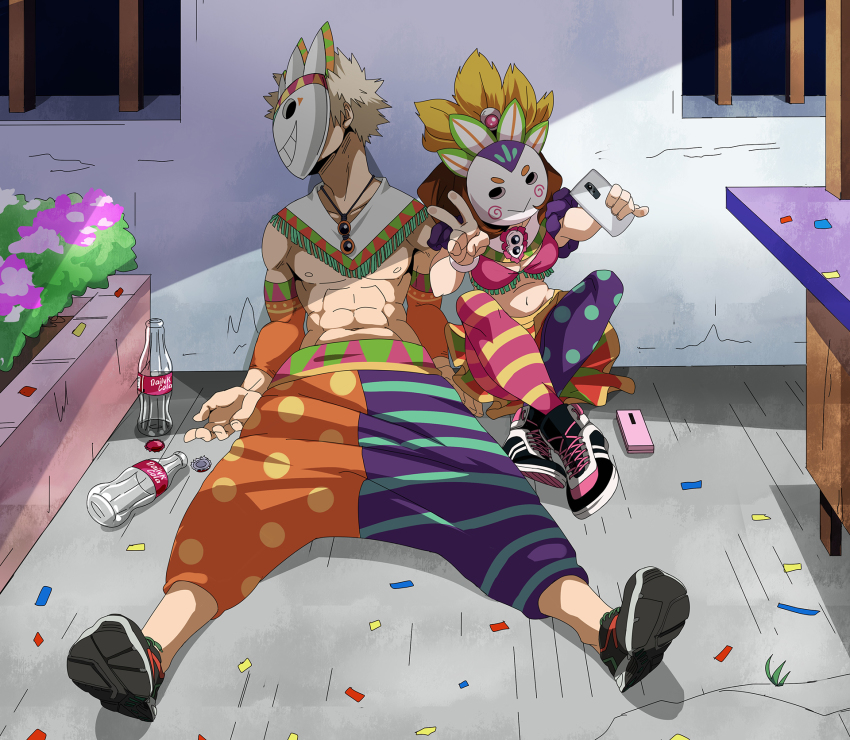 1boy 1girl abs against_wall bakugou_katsuki blonde_hair boku_no_hero_academia bottle bottle_cap bra brown_hair capelet cellphone cola confetti crossed_legs detached_sleeves feathers frilled_bra frills highres holding holding_phone horikoshi_kouhei_(style) jewelry krumbs_(dailykrumbs) looking_away mask masked medium_hair muscular muscular_male navel necklace nipples on_floor orange_legwear outdoors pectorals phone pink_legwear plant polka_dot polka_dot_legwear purple_legwear selfie shoes sitting smartphone sneakers spiked_hair spread_legs stomach striped_legwear topless_female underwear uraraka_ochako v wall window