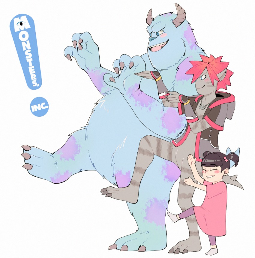 2boys 2girls alternate_form black_hair boo_(monsters_inc.) claws copyright_name fingerless_gloves fur gloves hood hoodie horns james_p._sullivan kingdom_hearts kingdom_hearts_iii looking_to_the_side maryuumi monster monster_boy monsters_inc. multiple_boys multiple_girls open_clothes open_hoodie pointy_ears red_hair smile sora_(kingdom_hearts) sora_(monstropolis)_(kingdom_hearts) spiked_hair twintails yotsubato! yotsubato!_pose