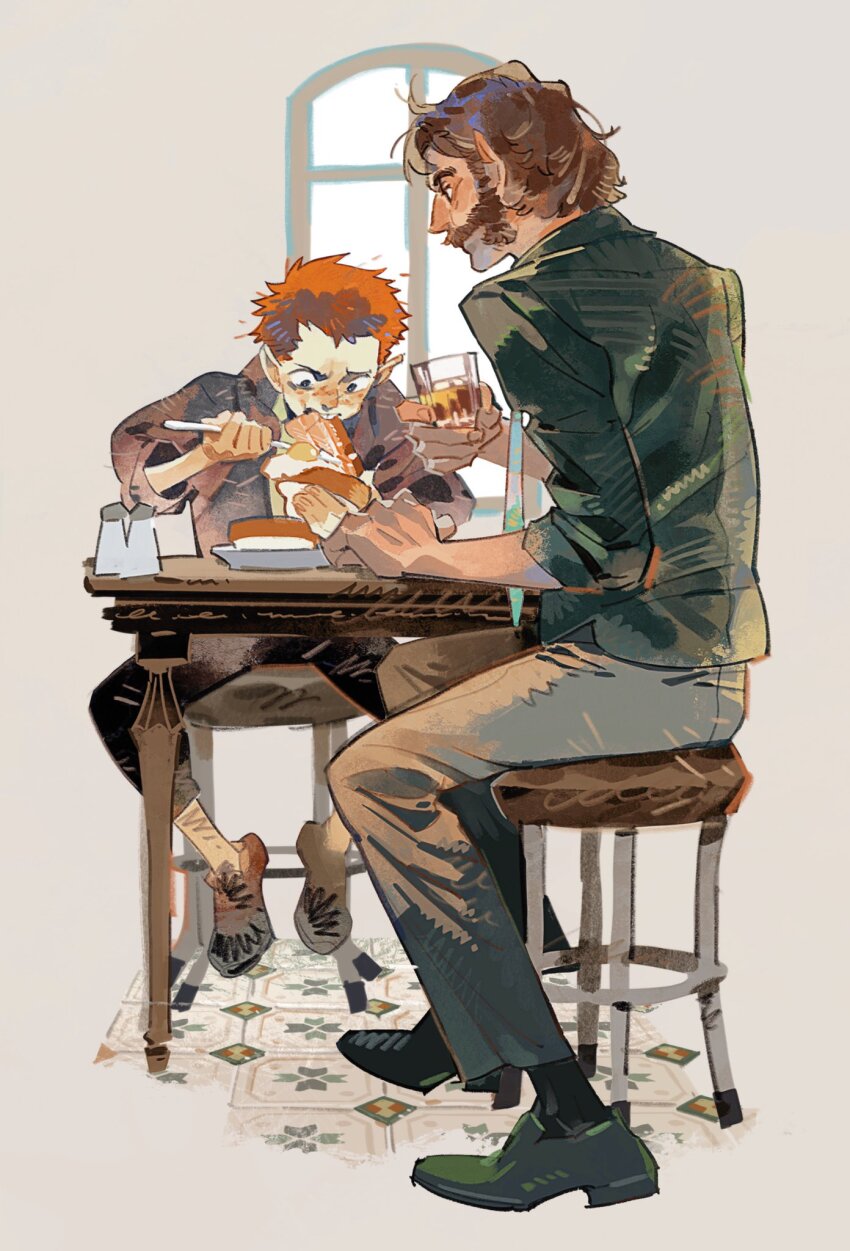 2boys black_shoes bread brown_hair child cuno cup disco_elysium drinking_glass eating food full_body green_jacket harry_du_bois highres holding holding_cup jacket male_focus mr_sangel multiple_boys orange_hair pants shoes short_hair sideburns sitting stool table white_pants window